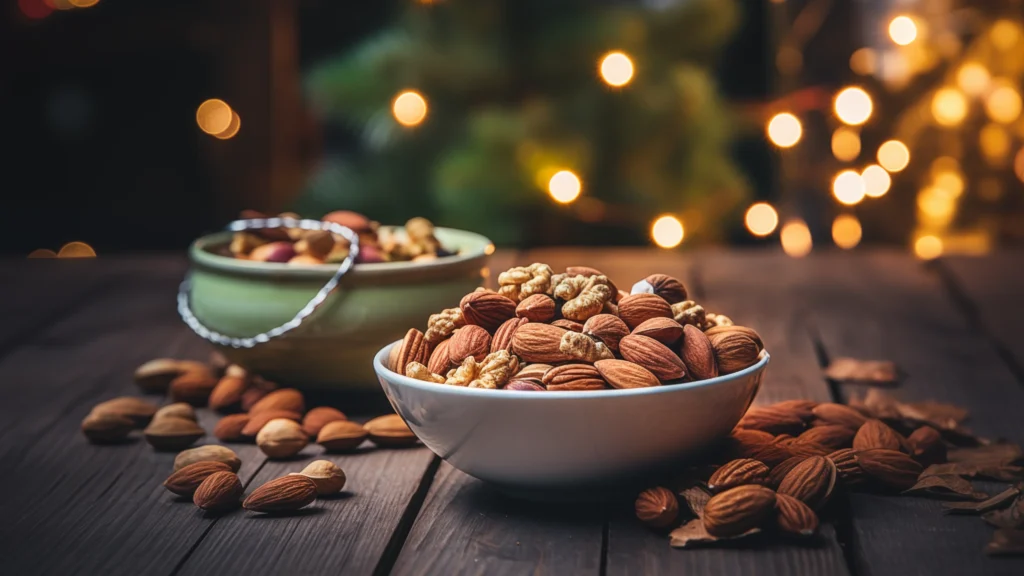 Bowls of almonds and walnuts on rustic table with holiday lights in background.